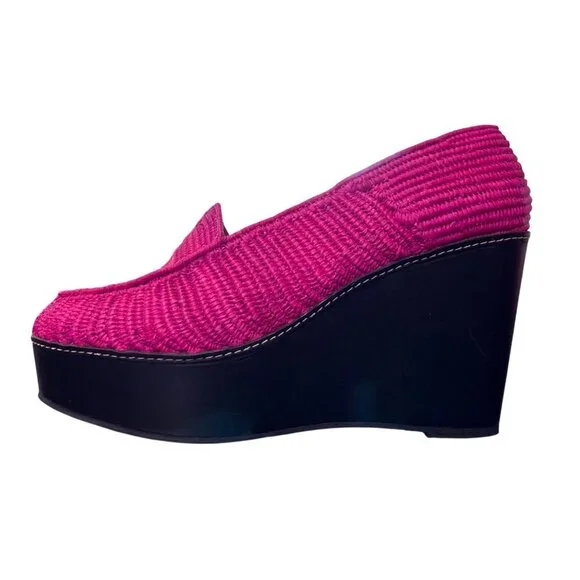 Carven x Robert Clergerie Pink Raffia Platform Wedge Loafer Size 40 / US 9.5 - Picture 2 of 9